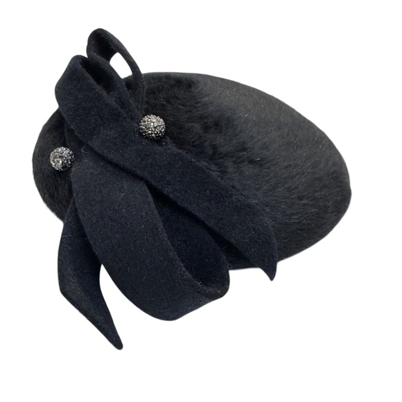 Blima Vintage Black Wool Pillbox Hat with Bow & Sparkle Buttons - Picture 1 of 12